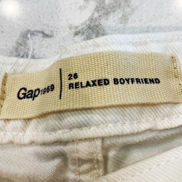Gap 1969 Womens Jeans Relaxed Boyfriend White Cotton Ripped Button Fly 26 - Picture 3 of 14